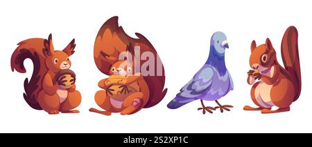 Cute cartoon characters set - fluffy squirrels holding acorn and nut in different poses and peaceful dove with purple gray plumage. Adorable forest creatures collection for children book or stickers. Stock Vector