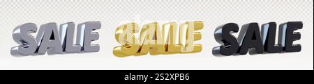 3D sale lettering set in metallic textures - silver chrome, luxury gold, elegant black. Bold text for premium discount promotions, exclusive coupon designs and retail marketing special offer. Stock Vector