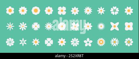 Flower white drawing clipart set. Spring flowers in white and yellow clip art collection like daisy, chamomile, sunflower, daffodil and crocus flat Stock Vector