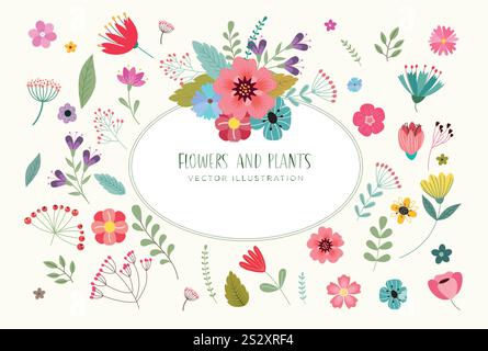 Flowers and plants card drawing clipart. Spring flower frame clip art with colorful, multicolored and watercolor for wallpaper and greeting card Stock Vector
