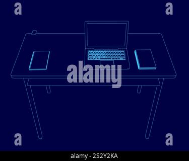 Laptop is on a desk with a notebook and a book. The laptop is open and the notebook is on the left side of the laptop Stock Vector