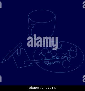 Blue drawing of a cup and a pen on a table with a plate of food. Scene is casual and relaxed, as it depicts a simple mealtime scene Stock Vector