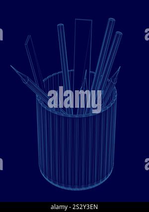 Blue vase with pencils and pens inside. The pencils are in the middle of the vase and the pens are on the right side Stock Vector