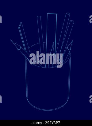 Blue pencil holder with pencils in it. The pencils are all different sizes and are arranged in a way that they are all facing the same direction Stock Vector