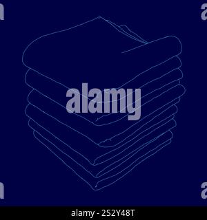Stack of blue towels is shown in a blue background. The towels are stacked on top of each other, with the top towel being the largest. Concept of orga Stock Vector