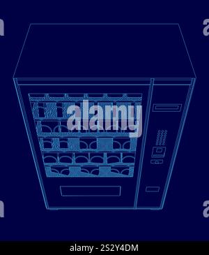 Vending machine with a blue background is shown in a blue drawing. The machine is empty, with no items inside. The blue background gives the vending m Stock Vector