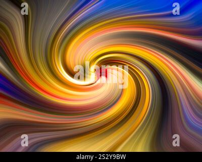 abstract background. colorful gold twirl centric glow and darker edges. gold, red, blue, mauve swirl. 3d optic, beautiful color play, soft twirl. Stock Photo