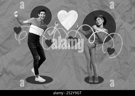 Creative abstract collage picture of two overjoyed excited people black white effect enjoy dancing painted heart connection Stock Photo