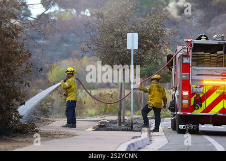 LOS ANGELES COUNTY, CALIFORNIA, USA - 13 December 2024 - Cal Fire firefighters spray water on part of a burning canyon in Los Angeles County, Californ Stock Photo