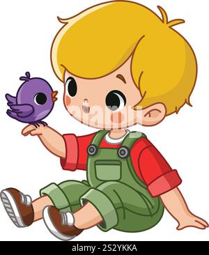 Cute boy in green overalls with a purple bird on his hand Stock Vector