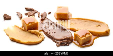 various caramel and chocolate products isolated on white background Stock Photo