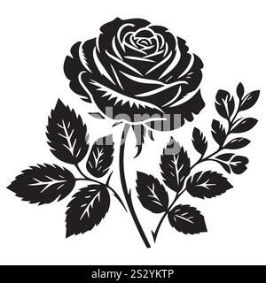 rose with leaves. Flower silhouette. Vector illustration on a white background Stock Vector