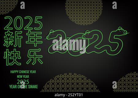 Banner Happy Chinese 2025 New Year Lunar year Snake, neon cartoon character Stock Vector
