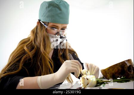 Scientist examining different botanical samples with microscope and test tubes. Noting observations while arranging plants and flowers in various laboratory apparatus. High quality photo Stock Photo