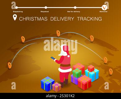 Template Christmas delivery, Santa Claus tracking gift box on global Earth map Stock Vector