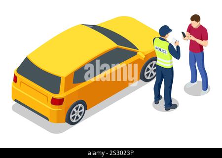A traffic police officer checking documents of a driver near a yellow car. The interaction takes place on the road. Isometric vector style Stock Vector