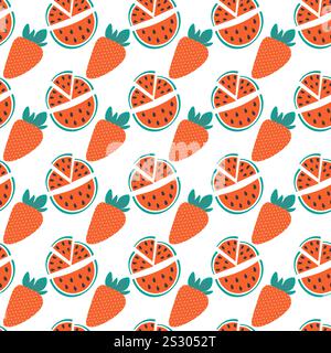 Colorful strawberries and Watermelon slices Seamless pattern. Summer Healthy berries background idea. Isolated Vector illustration Wallpaper, wrapping or web promo leaflet backdrop, cards, banner, tag Stock Vector