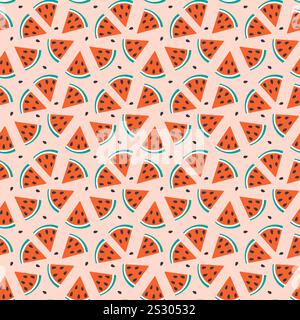 Watermelon slices with seed Seamless Pattern in trendy doodle minimalist. Healthy eating background. Isolated Vector illustration Wallpaper, wrapping, or web promo banner, posting, blogging, leaflets Stock Vector