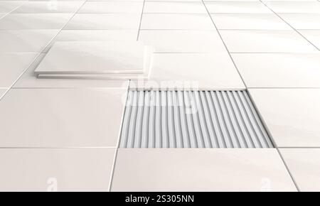 White square ceramic tiles being installed on floor 3d background Stock Photo