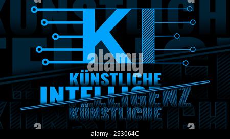 Artificial Intelligence (in german Künstliche Intelligenz) lettering - modern technology logo blue design - 3D Illustration Stock Photo