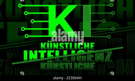 Artificial Intelligence (in german Künstliche Intelligenz) lettering - modern technology logo green design - 3D Illustration Stock Photo