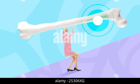 Woman with large white bone model against bright medical-themed background, symbolizing strength and anatomy study. Conceptual design. Stock Photo