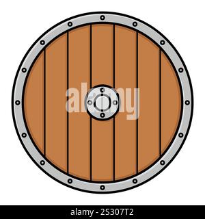wooden round shield, cartoon color vector cartoon illustration, isolated on white Stock Vector