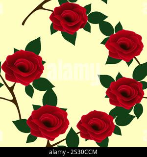 Beautiful seamless pattern with red roses on a yellow background. Stock Vector