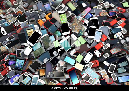 Abstract background from many smartphones. mobile phone recycling. Neural network AI generated art Stock Photo