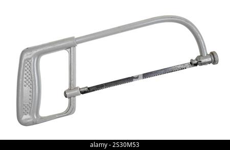 used grey hacksaw for metal with replaceable blade isolated on white background Stock Photo