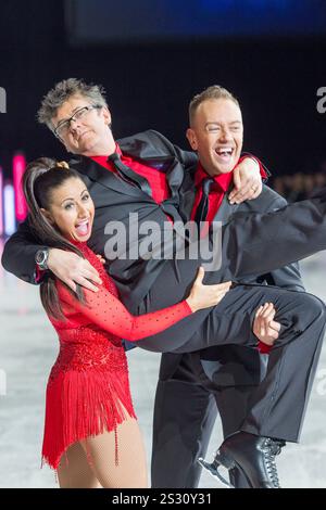 Hayley Tamaddon Joe Pasquale and Daniel Whiston at Dancing on Ice Tour Photocall Phones 4U Arena Manchester, UK Stock Photo