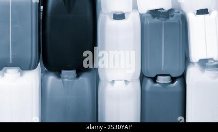 Multicolored plastic jerry can containers Stock Photo