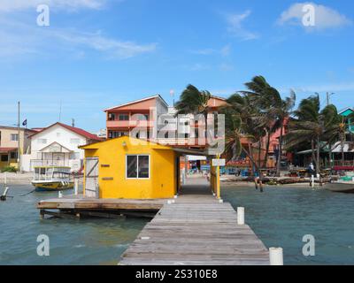 Ambergris Caye, Belize - January 17 2020: Looking to the Shore towards the spindrift Hotel from a Dock in Ambergris Caye, Belize Stock Photo