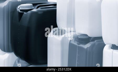 Multicolored plastic jerry can containers Stock Photo