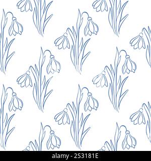 Snowdrops flower on white background seamless pattern in line art style. Floral print for spring design, wallpaper, postcard. Stock Vector