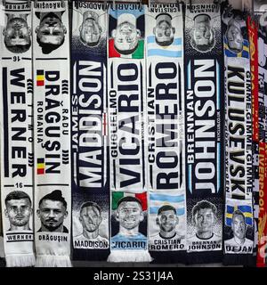 London, UK. 08th Jan, 2025. Tottenham scarfs on sale outside Tottenham Hotspur Stadium during the Carabao Cup Semi-Finals First Leg Tottenham Hotspur vs Liverpool at Tottenham Hotspur Stadium, London, United Kingdom, 8th January 2025 (Photo by Mark Cosgrove/News Images) in London, United Kingdom on 1/8/2025. (Photo by Mark Cosgrove/News Images/Sipa USA) Credit: Sipa USA/Alamy Live News Stock Photo