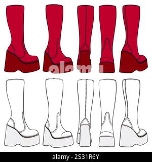 Set of colored retro platform boots. Isolated vector objects on white background. Stock Vector