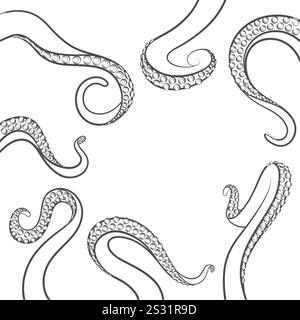 Set of black and white illustrations with octopus tentacles. Isolated vector objects on white background. Stock Vector