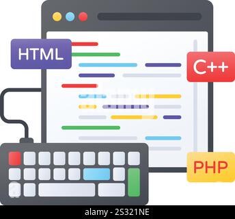 Browser based IDE Editor concept, Code Interpreted connect with Keyboard vector design, Web hosting service Symbol, Computing machines Sign, Internet Stock Vector