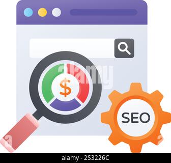 Paid Search Engine optimization concept, Website Getting indexed with Money vector color design, Web hosting service Symbol, Computing machines Sign, Stock Vector