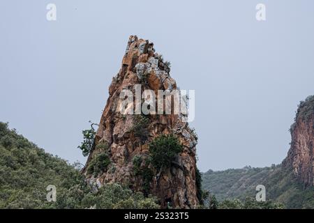 December 21, 2024, Nakuru, Kenya: Fischer's Tower is about 40meters high, a prominent tooth of rock as one enters at the Hell's Gate National Park in Naivasha, Nakuru county Kenya. Lake Naivasha attracts a variety of animals that include buffalo, antelope, giraffe, warthog and monkey, and you will almost certainly catch sight of hippos lazily watching proceedings from the cooling water. The Lake also plays host to a variety of birdlife; more than 400 species have been recorded here. Many can be spotted along the shoreline â€“ from pelicans and fish eagles to weavers and warblers. Naivasha is d Stock Photo