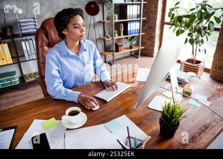 Focused businesswoman working at desk in modern office with daylight creating a productive atmosphere Stock Photo