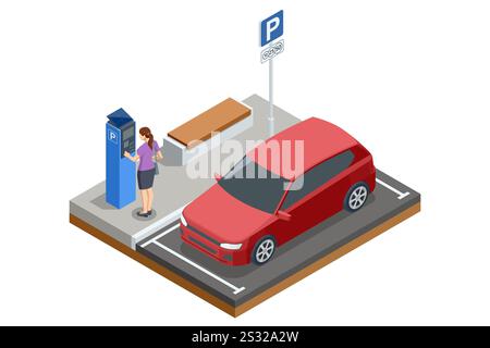 A vector isometric artwork depicting a woman paying at a blue parking meter next to her red car in an urban parking space. A clean and organized Stock Vector