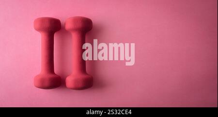 Set of a pair of pink neoprene dumbbells isolated on pink background. Top view. Stock Photo