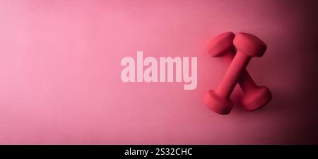 Background with two crossed pink neoprene dumbbells isolated on a pink background. Top view. Stock Photo