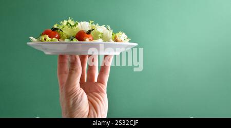 Hands holding with fingers a white plate with a salad with lettuce, tomatoes and nuts on a green isolated background. Front view. Stock Photo