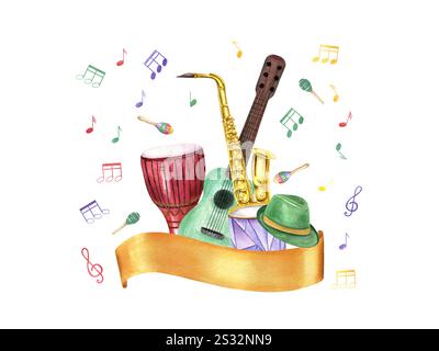 Watercolor carnival music percussion, string and wind instruments ...