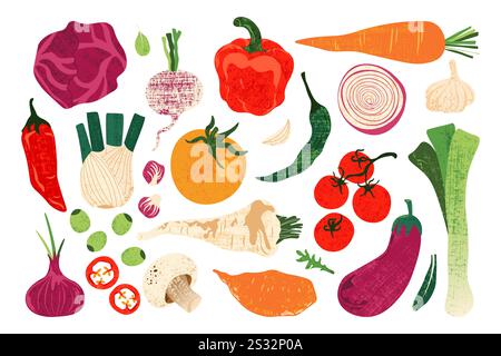 Fresh organic vegetables. Natural farm food products, green healthy vegetarian diet icons, agriculture farm plant nutrition. Vector isolated flat set Stock Vector