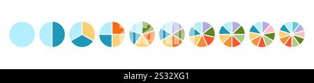 Diagram wheel divided from 1 to 10 parts, Pie chart infographic circle divided into pizza or donut segments, Vector flat icons Stock Vector