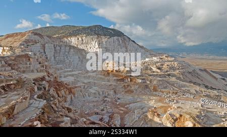 Aerial panorama of marble quarries in Burdur, Turkey. Marble quarry top view. Marble quarry in high altitude mountains. Stock Photo